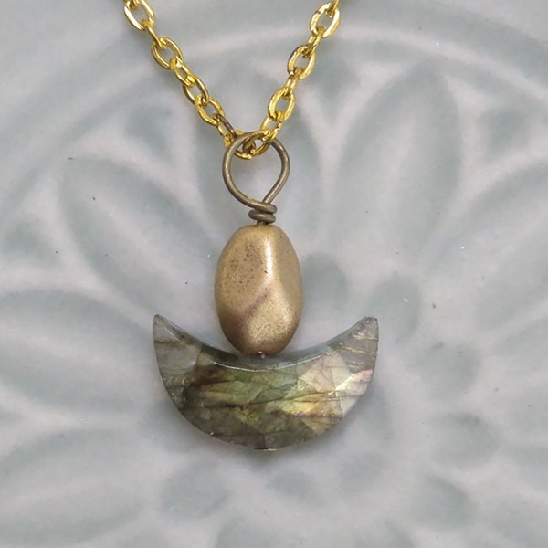 UU Chalice Pendant, Labradorite Gemstone crescent, Optional Nickel Free chain, Unique Gift, Gold Glass Flame, Unitarian Universalist