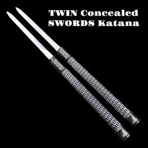 May include: Two concealed katana swords with silver blades and black and white patterned handles. The text "TWIN Concealed SWORDS Katana" is displayed in white at the top of the image.