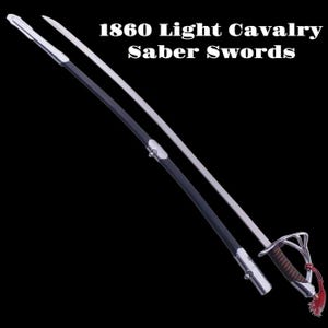 May include: Two 1860 Light Cavalry Saber Swords are shown against a black backdrop. The swords have silver blades and black handles. The hilt features a brown grip and a red tassel.