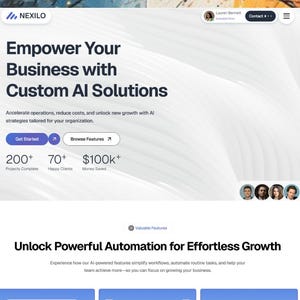 Może przedstawiać: Strona docelowa witryny internetowej dla Nexilo, z nagłówkiem "Empower Your Business with Custom AI Solutions". Strona zawiera wezwania do działania, statystyki i sekcję dotyczącą automatyzacji dla wzrostu. Projekt jest czysty z biało-niebieską kolorystyką.