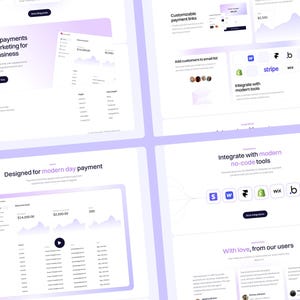 May include: A website design for digital marketing and payment processing, featuring a light purple and white colour scheme. The design includes charts, graphs, and integration logos. Text includes "Handle payments and marketing for your business."