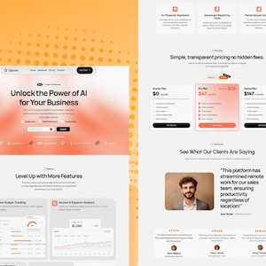 May include: A website design in orange and white, promoting AI solutions for businesses. The page displays features, pricing plans, and client testimonials. Text includes "Unlock the Power of AI for Your Business" and "Simple, transparent pricing no hidden fees."