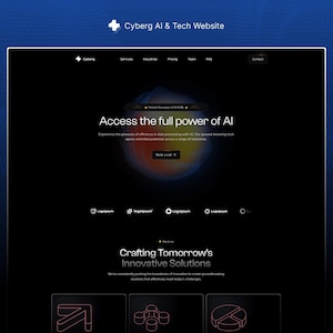 Puede incluir: Interfaz de sitio web con tema oscuro, con el texto "Cyber AI & Tech Website" en la parte superior. El titular principal dice "Access the full power of AI". Debajo, se muestra el texto "Crafting Tomorrow's Innovative Solutions".