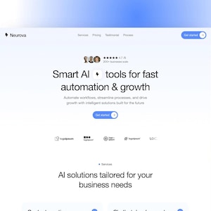 Puede incluir: Interfaz de sitio web con esquema de color blanco y azul. El encabezado muestra "Neurova" y enlaces de navegación. El contenido principal destaca "Smart AI tools for fast automation & growth" con un botón "Get started".