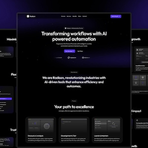 May include: A dark website interface with the text "Transforming workflows with AI powered automation" and "We are Radison, revolutionising industries with AI-driven tools". The website has a purple and black colour scheme. The website also has the text "Discovery & Analysis", "Development & Test", and "Launch & Maintain".