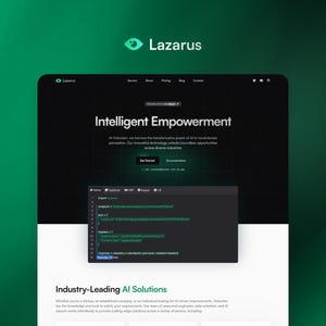 以下が含まれることがあります： 「Lazarus」のロゴと「Intelligent Empowerment」というスローガンが特徴の、ダークテーマのウェブサイトインターフェース。画面にはコードスニペットとAIソリューションに関する情報が表示されています。背景は緑色のグラデーションです。