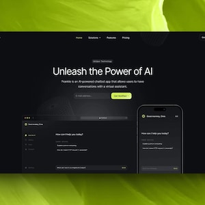 Peut inclure: Interface de site web sombre pour "frankie", présentant un chatbot basé sur l'IA. Le titre est "Unleash the Power of AI". Un téléphone portable affiche l'interface du chatbot. Le fond est un design abstrait vert.