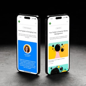 May include: Two black smartphones showing app interfaces. One screen displays "How Payble is Changing Lives" with a user testimonial and photo. The other screen says "Your Guide to Smarter Money Management" with article previews. Both phones have a green clover logo.