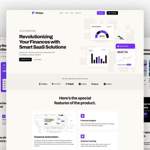 May include: A website design for Fintec, a financial SaaS solution. The design features a clean, modern layout with a white background, purple accents, and data visualization graphics. Text includes "Revolutionizing Your Finances with Smart SaaS Solutions."