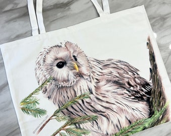 Owl in Pine Drawing - Double-Sided - Extra Large - 100% Cotton Tote Bag