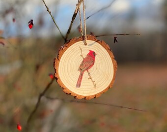 Cardinal Drawing - Wood Slice Ornament