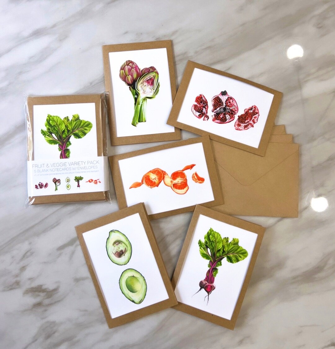 Paquete de 5 tarjetas de notas de dibujo Frutas y verduras con sobres ...