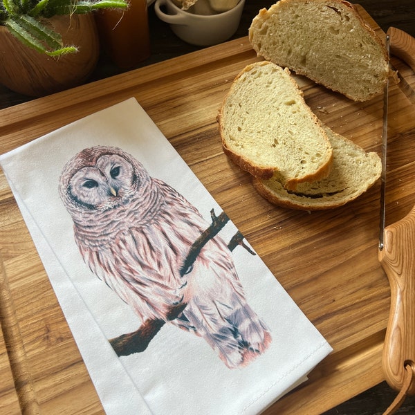 Barred Owl Drawing 100% Cotton Tea Towel