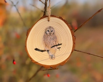 Barred Owl Drawing - Wood Slice Ornament