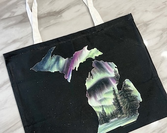 Michigan Aurora Drawing - Black - Double-Sided - Extra Large - 100% Cotton Tote Bag