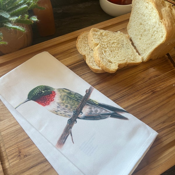 Ruby Throated Hummingbird Drawing 100% Cotton Tea Towel