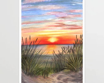 Solnedgång vid strandlinjen - Färgpennateckning - Konsttryck