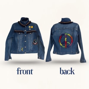 May include: A blue denim jacket with a decorative collar and patches. The front of the jacket has several patches, and the back features a colorful peace sign design. The word "front" and "back" are written below the jacket.