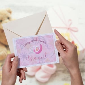 Félicitations, c'est une carte de fille - carte de voeux imprimable pour bébé fille - rose pour nouveau-né en téléchargement numérique - carte de baby shower instantanée