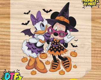 Halloween Minnie and Daisy  Ready to Press, Ghost Pumpkin Dtf Transfer, Trick or Treat Fall Iron on Decal, Disney Heat Transfer