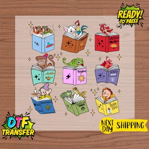 May include: DTF transfer featuring illustrations of Disney characters reading books. Books include titles like "Mulan", "Tangled", and "Beauty and the Beast". The image also includes the text "READY! TO PRESS" and "NEXT DAY SHIPPING".