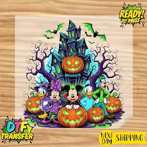 May include: A DTF transfer sheet featuring a colorful Halloween illustration of Mickey Mouse, Minnie Mouse, Donald Duck, and Goofy in costumes in front of a haunted house, surrounded by bare purple trees, green bats, and glowing orange jack-o'-lanterns.