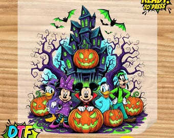 Hoja de calcomanías termoadhesivas listas para planchar con diseño de Mickey y sus amigos de Halloween de Disney (Casa Embrujada).