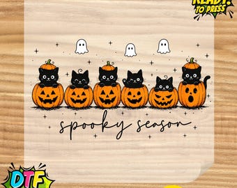 Gatos negros en calabazas, fantasmas, Halloween, transferencia digital directa (DTF), lindo gatito espeluznante, estampado termoadhesivo, camiseta de temporada de otoño lista para planchar (DTF)