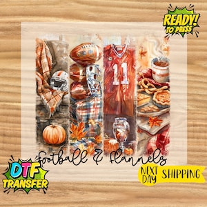 May include: A digital art print featuring a football theme with a jersey, footballs, a helmet, and fall-themed food items. The words "Football & Flannels" are displayed, along with "Ready to Press" and "DTF Transfer".
