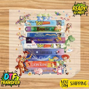 May include: A DTF transfer sheet featuring a stack of Disney VHS tapes with characters from Toy Story, Bambi, Beauty and the Beast, and The Lion King. The words "READY! TO PRESS" and "NEXT SHIPPING DAY" are also visible.