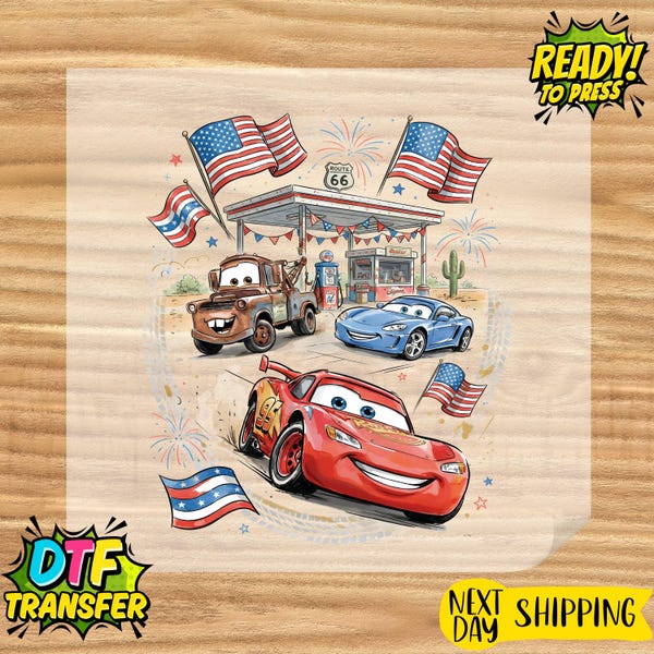 Route 66 Lightning McQueen Sublimation, Disney 4th of July DTF Transfer, 250 Years Of Freedom Ready To Press, Patriotic Cars DTF Transfer