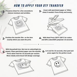 May include: Diagram showing how to apply a DTF transfer to a t-shirt. Instructions include pre-pressing, positioning the film, using a heat press at 160&deg;C for 15 seconds, and cooling. Text: "HOW TO APPLY YOUR DTF TRANSFER" is included.