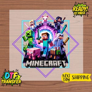 May include: A colorful Minecraft-themed graphic featuring various characters, including Steve, a pig, and a creeper, set against a purple and blue geometric design. The word "MINECRAFT" is prominently displayed. Includes "READY! TO PRESS" and "DTF TRANSFER" text.