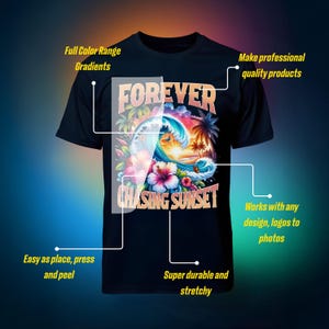 May include: Black t-shirt with a vibrant graphic of a wave, palm trees, and the text "FOREVER CHASING SUNSET." The shirt is described as durable and stretchy, with full-color gradients.