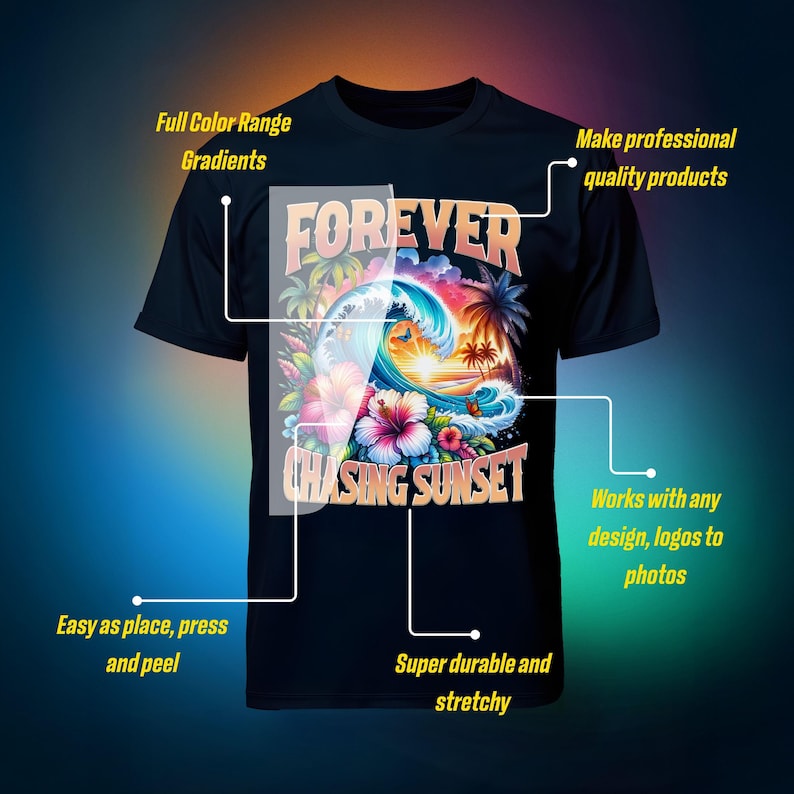 May include: Black t-shirt with a vibrant graphic of a wave, palm trees, and the text "FOREVER CHASING SUNSET." The shirt is described as durable and stretchy, with full-color gradients.