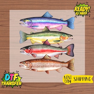May include: A DTF transfer featuring four colorful fish illustrations. The fish are in shades of blue, green, red, and brown. The words "READY! TO PRESS" and "DTF TRANSFER" are visible. The words "NEXT DAY SHIPPING" are also visible.