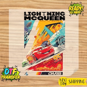 May include: A colorful DTF transfer featuring Lightning McQueen from the Cars movie. The design includes the text "Lightning McQueen Racing Series" and the number "95". The image has a vintage, distressed look with vibrant reds, blues, and yellows.