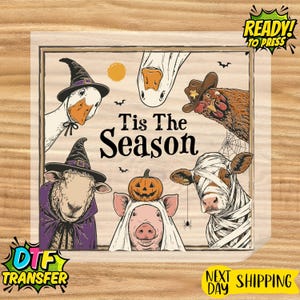 May include: A square graphic print featuring farm animals in Halloween costumes with the text Tis The Season. A goose in a witch hat, a chicken in a cowboy hat, a sheep in a witch hat and cape, a pig with a pumpkin, and a cow wrapped like a mummy.