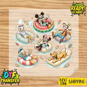 May include: A DTF transfer sheet featuring a colorful illustration of Mickey Mouse, Minnie Mouse, Donald Duck, Daisy Duck, Goofy, and Pluto relaxing in water with pool floats, popsicles, and drinks. The text READY TO PRESS and DTF TRANSFER is visible.