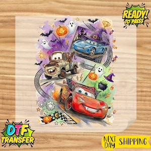 May include: A DTF transfer sheet featuring a Halloween-themed illustration of three anthropomorphic cars. The design includes a red race car with fangs, a brown tow truck wrapped in bandages, and a blue car wearing a purple witch hat, surrounded by ghosts, pumpkins, bats, and a black cauldron.