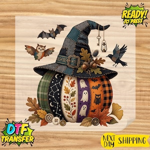 May include: A patchwork pumpkin wearing a dark blue witch hat adorned with a buckle, acorns, and leaves. The pumpkin features panels of plaid, constellations, autumn foliage, ghosts, and owls. A bat, an owl, and a crow surround the pumpkin.