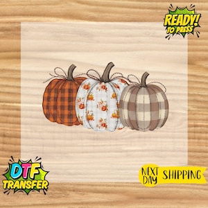 May include: Three decorative pumpkins with different patterns: orange plaid, white floral, and brown plaid. Each pumpkin has a brown stem and a stitched design. The image includes the text "READY! TO PRESS" and "DTF TRANSFER".