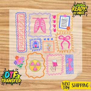 May include: A collection of colorful DTF transfer designs with medical themes. Includes images of an X-ray, rib cage, radiation symbol, and the word "RADIOLOGY". The transfers are ready to press.