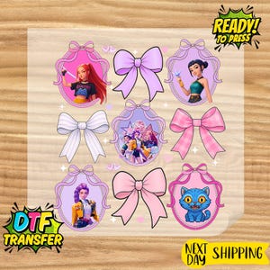 May include: A sheet of DTF (Direct to Film) transfers featuring various designs. The designs include cartoon characters in oval frames, bows, and a blue cat. The text "READY! TO PRESS" and "NEXT DAY SHIPPING" are also visible.