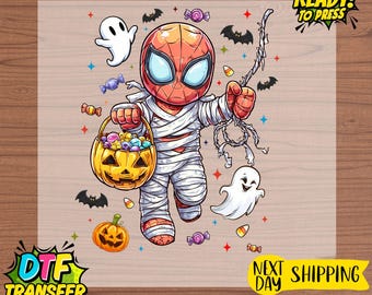 Transferencia DTF de araña de Halloween: Disfraz de superhéroe, estampado para la temporada de Halloween