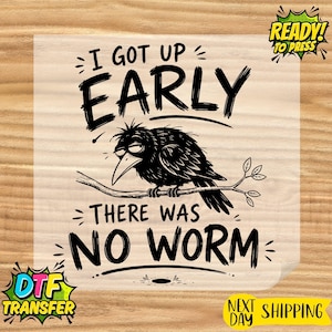 May include: A DTF transfer sheet featuring a black graphic of a grumpy bird perched on a branch. The text reads I GOT UP EARLY THERE WAS NO WORM in a bold, hand-drawn style font. The design is printed on a clear film with a white background.