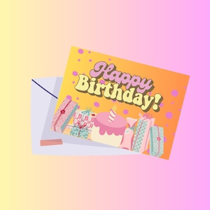 Cartão de Feliz Aniversário para Imprimir – Ilustração de Bolo de Aniversário Rosa e Amarelo – Download Instantâneo de Cartão Digital de Saudações – Aniversário Infantil Divertido
