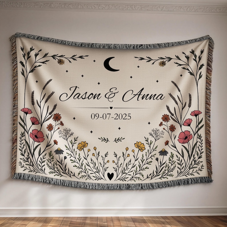 Personalized Wedding Blanket Wildflower Celestial Moon Gift Cotton Anniversary Keepsake Couple Throw image 4