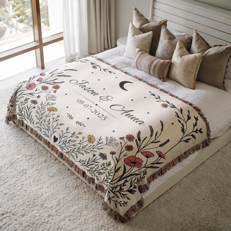 Personalized Wedding Blanket Wildflower Celestial Moon Gift Cotton Anniversary Keepsake Couple Throw image 3