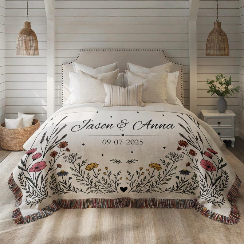 Personalized Wedding Blanket Wildflower Celestial Moon Gift Cotton Anniversary Keepsake Couple Throw image 1